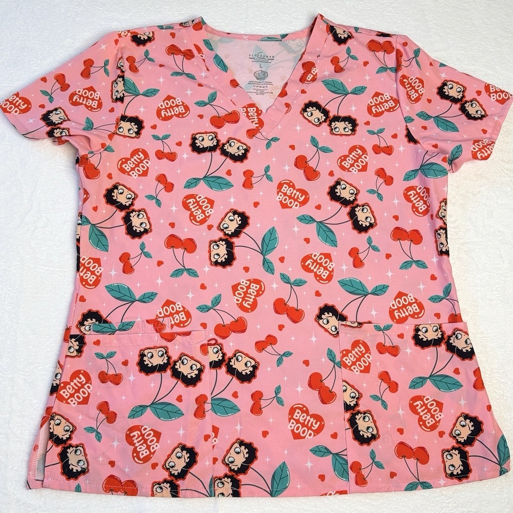 Betty Boop Scrub Top Large Pink Cherries Hearts Cartoon Nurse V Neck Valentines
